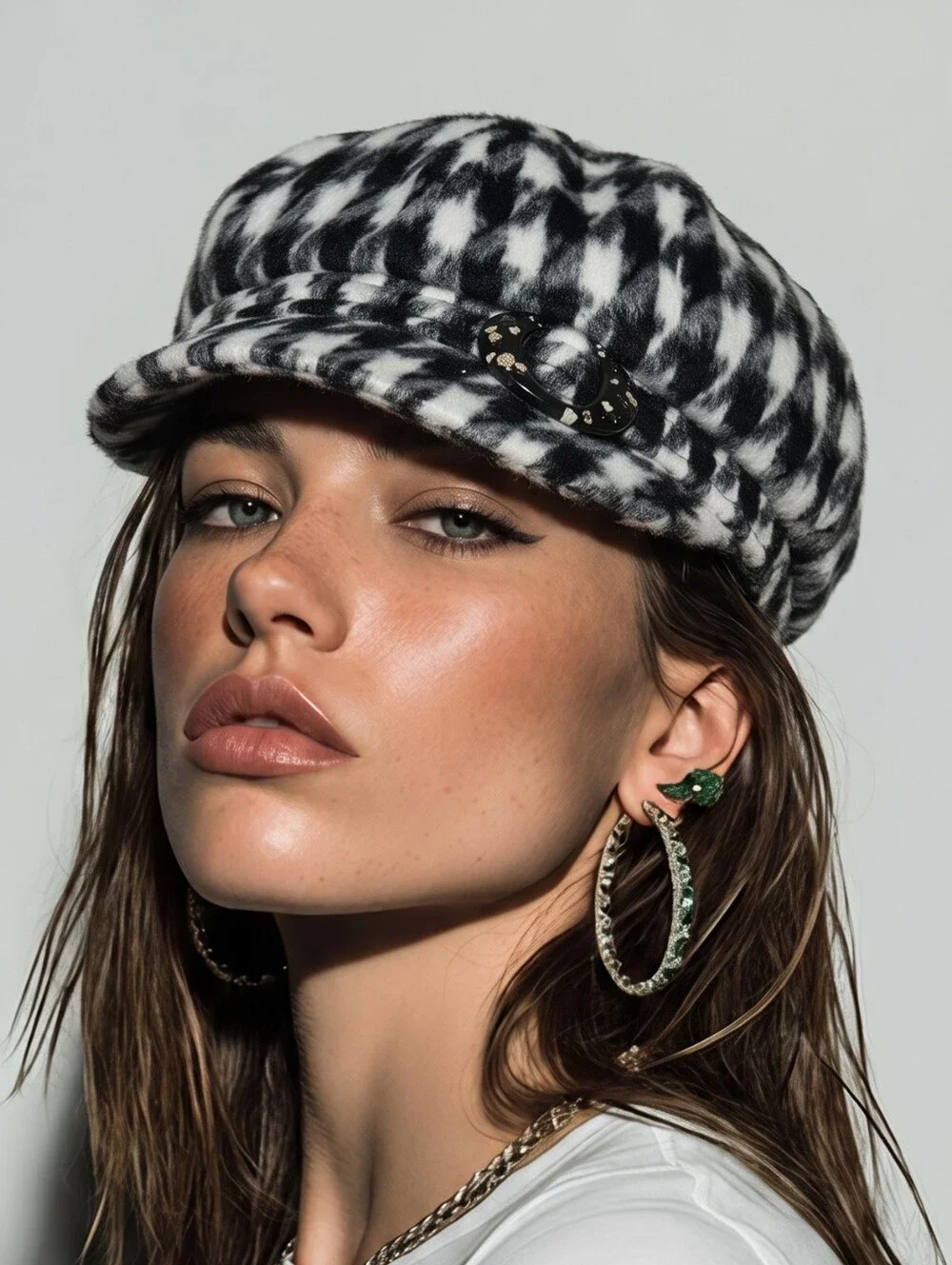 Black & White Houndstooth Newsboy Cap Baker Boy Cabbie Hat Women's Cozy Beret 7